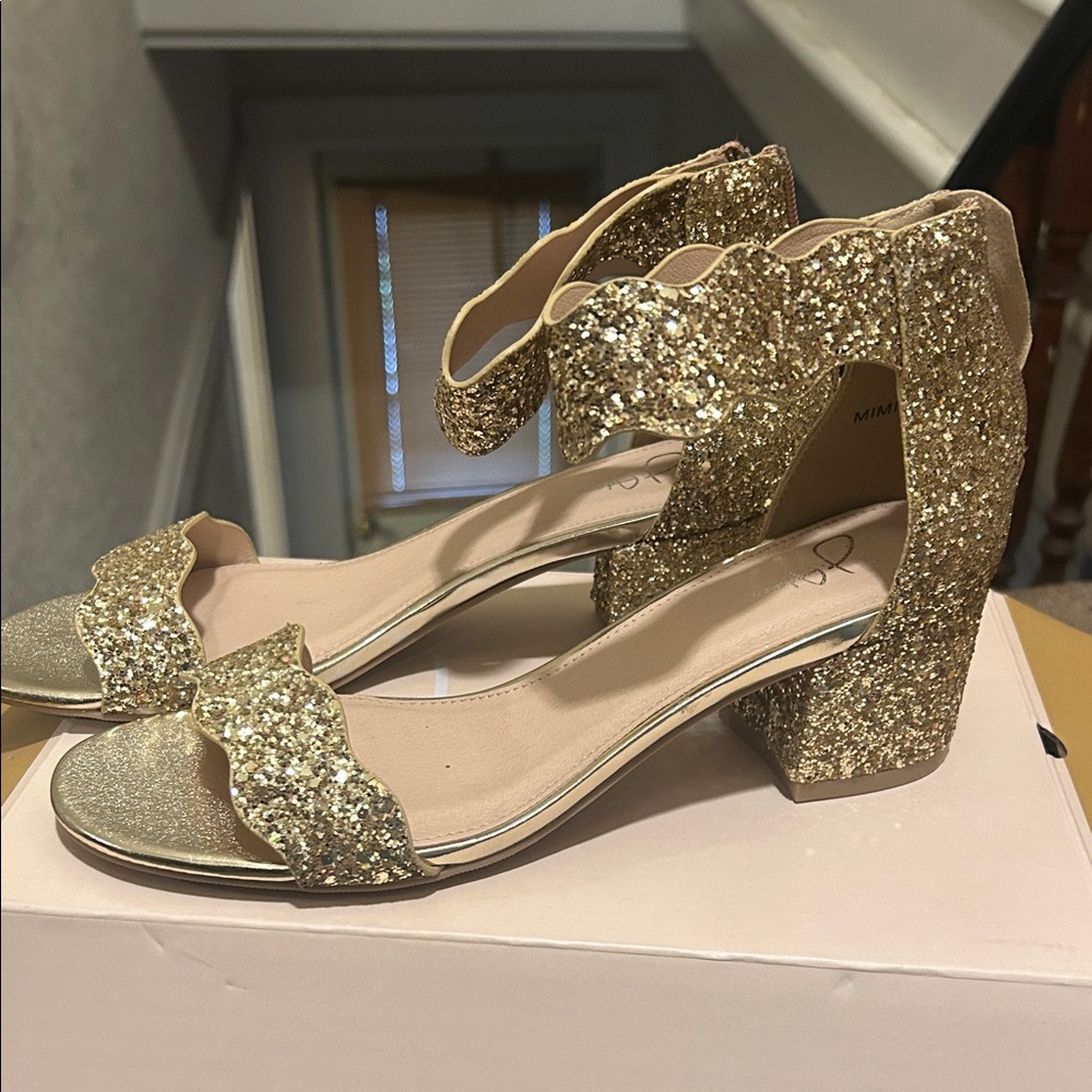 J. Adams Gold Glitter Scallop Block Heel Sandals
